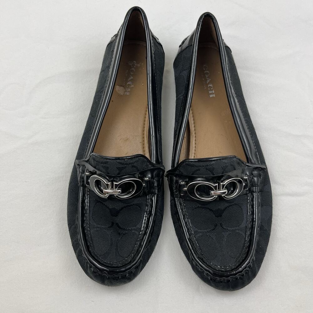 Coach Fortunata Buckle Loafers Size 6.5 B Signature Print Patent Leather Trim